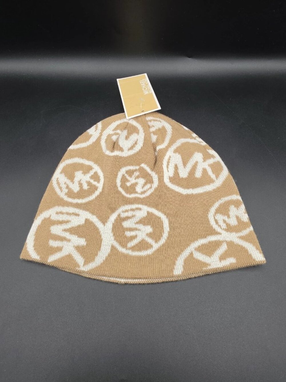 Michael Kors Signature Logo Print Beanie Hat Camel & Cream, One Size NWT